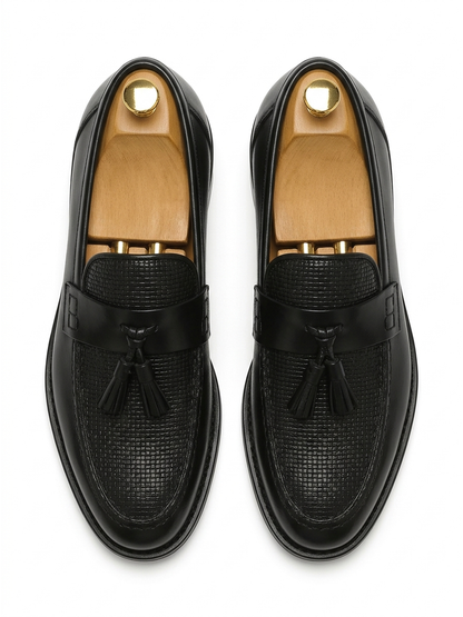 Men's Leather Slip-On Loafers, Woven Tassel Office Shoes